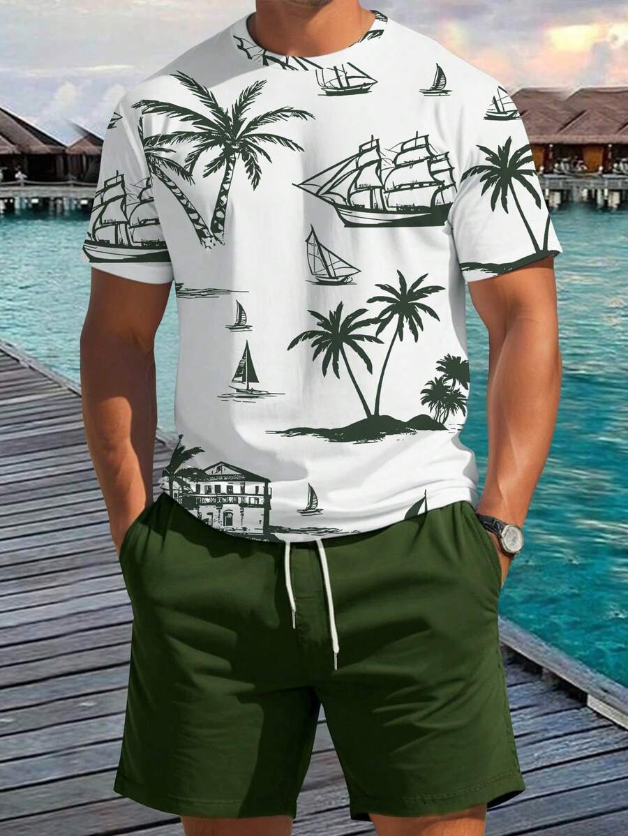 Men's Vacation Set With Palm Tree Print Short Sleeve T-Shirt And Drawstring Shorts - màu xanh lá - Xem 1