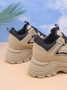 Women's Platform Sneakers, Fashion Versatile Lace-Up Round Toe Contrast Color Casual Shoes, Slimming And Height Increasing - Black - View 2