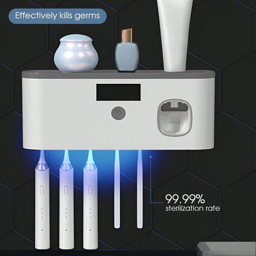 Intelligent UV Toothbrush Sanitizer Holder And 5 Slots Toothbrush Holders, Toothbrush Holder Wall Mounted With Toothpaste Dispenser, USB/Solar Rechargeable Toothbrush Sterilizer, Bathroom Toothbrush Sanitizer, Without Drilling Home Bathroom Decor Fall Decor Back To School - 白色 - 查看 1