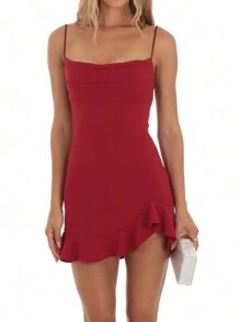 Women's Sleeveless Ruffle Mini Dress - Spaghetti Strap, Cross Back, Square Neck Bodycon Design. Perfect For Clubwear, Parties, Or Night Out - 紅色 - 查看 1