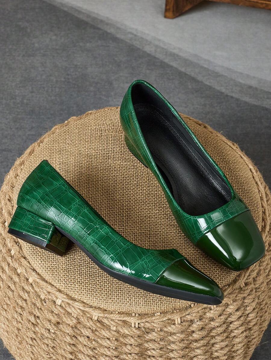 Scarpe con punta quadrata e texture di pietra, basse, da infilare, adatte per vacanze, viaggi, shopping, attività all'aperto, casual retrò in verde, appartamenti di alta qualità versatili - Verde militare - Visualizzare 1
