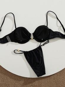 PEPPERMOLLY 新款柔软纯色可调节细肩带加垫优雅派对比基尼套装，夏季沙滩时尚女士比基尼度假黑色 - 黑色 - 查看 3
