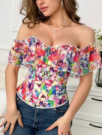 Women's Chiffon Printed Shaping Open Shoulder Blouse With Ruffle Sleeves