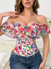 Women's Chiffon Printed Shaping Open Shoulder Blouse With Ruffle Sleeves - Multicolor - View 4