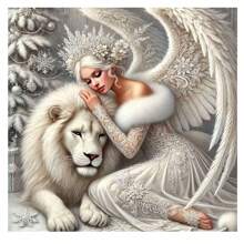1set Wings Angel And Lion Diamond Painting Kit, 5D Embroidery Rhinestone DIY Art Set, Full Drill Round Diamonds For Home & Room Decor, Canvas Craft Tool, Mosaic Art Supplies