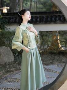 春季优雅中国风纯色编织松紧腰口袋绿色1件裙子适合中国新年、日常、街头、通勤、家居等场合穿中式连衣裙汉服下装 - 淺綠 - 查看 7