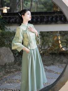 Falda verde de 1 pieza de estilo chino elegante de primavera con cintura elástica lisa y bolsillo, para uso en Año Nuevo Chino, diario, calle, ir y venir, hogar y otras ocasiones para usar vestido chino Hanfu como Bottom