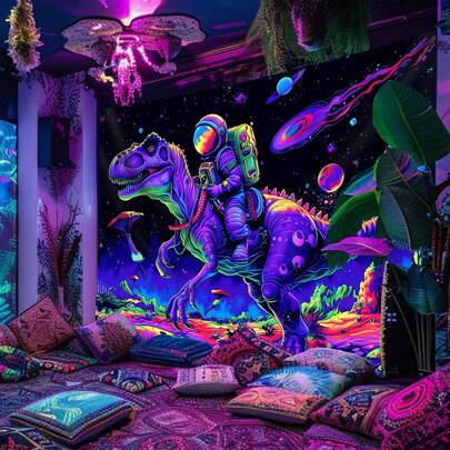 1件宇航员骑恐龙紫外线黑光挂毯，节日礼物，派对装饰，直播背景布，家居装饰挂布，附赠安装配件