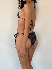 Conjunto de bikini de verano para mujer con sujetador de halter con estampado de lunares y encaje y tanga con anudado - Negro - Ver 3