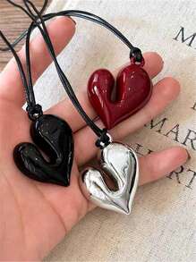 DareSee 1pc Asymmetric Oversized Heart-Shaped Leather Cord Long Sweater Chain Necklace In Red, Black, Silver, Women Jewelry Gifts, Y2K Style Accessories For Celebrations, Valentine's Day,Mom,Mother,Mother's Day,Gift MusicFest Y2KFest Back To School Autumn Winter Gifts