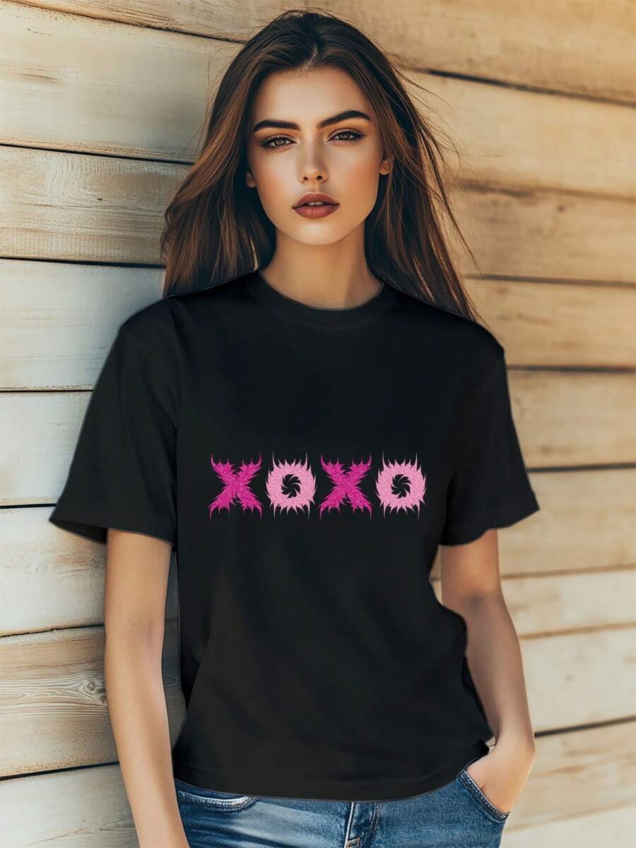 Women'sValentine's Day Themed XOXO Alphabet Glitter Crystal Print T-Shirt Fashion Short Sleeve Round-Neck Slm Fit Tops Summer Casual Streetwear - Black - View 1