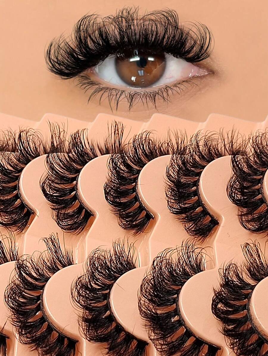 Asiteo 7对D型卷翘奢华蓬松浓密柔软仿貂毛假睫毛，打造自然凌乱却又不失戏剧感的妆容效果，可重复使用，佩戴方便 - 交叉款 - 查看 1