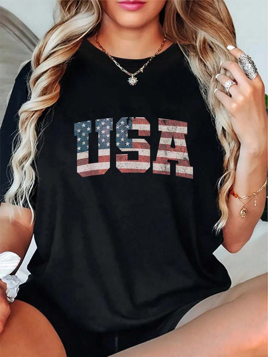 100% Cotton Casual Tshirt USA US Flag Patriotic 4th Of July America T-Shirt - màu đen - Xem 1