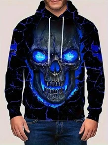 Men's 3D Skeleton Print Hoodie - Casual Pullover With Drawstring & Pockets, Polyester Knit Fabric, Regular Fit For Fall/Winter - Blue - View 2
