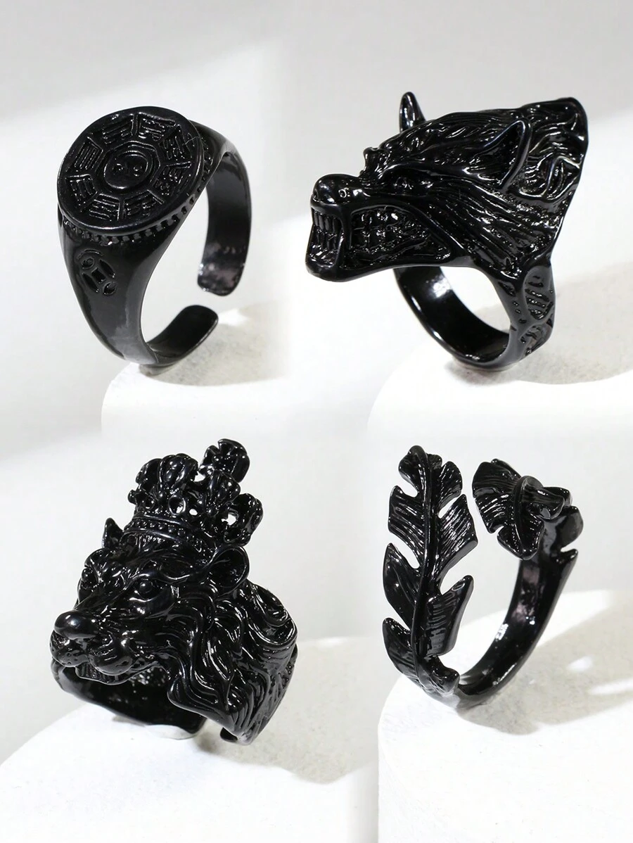 1枚黑色凶猛狮/狼头合金戒指，男女皆宜的复古羽毛开口戒指，适合派对和日常佩戴 - 黑色 - 查看 1