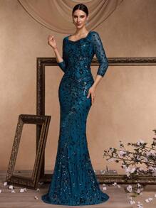 BluePlum Đầm dạ hội dài tay cổ tim đính sequin dáng đuôi cá cho nữ, đầm dự tiệc sang trọng, đầm dự tiệc cưới, đầm tốt nghiệp, đầm dự tiệc tối mùa xuân. - Màu xanh ngọc - Xem 7