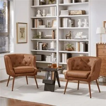 Renwick Modern Button Tufted Faux Leather Barrel Accent Chair,Retro Brown - Brown - View 2