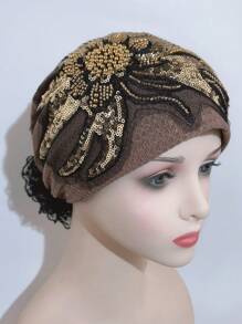 1 件女士优雅时尚网纱花朵亮片串珠拼布发带头巾，透气百搭头巾，适合户外、派对、购物 - 彩色 - 查看 4