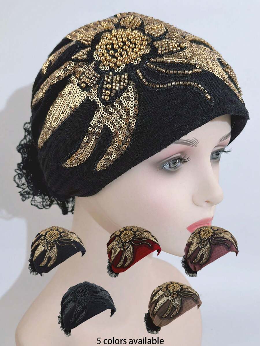 1 件女士优雅时尚网纱花朵亮片串珠拼布发带头巾，透气百搭头巾，适合户外、派对、购物 - 彩色 - 查看 1