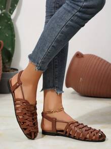 Women's Vintage Style Woven Hollow Closed Toe Chunky Heeled Sandals, Versatile Summer/Spring/Fall Retro Roman Shoes