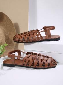 Women's Vintage Style Woven Hollow Closed Toe Chunky Heeled Sandals, Versatile Summer/Spring/Fall Retro Roman Shoes