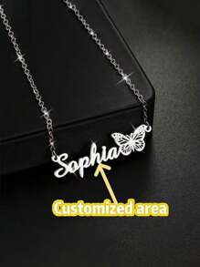 1 pièce Collier pendentif personnalisé avec papillon et nom - Design élégant et simple, matériau en acier inoxydable, bijou de mode personnalisé, cadeau parfait pour elle, pour un port quotidien et pour offrir