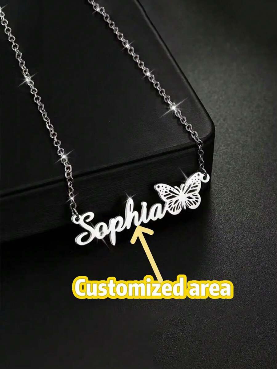 1pc Customized Personalized Butterfly Name Pendant Necklace - Elegant And Simple Design, Stainless Steel Material, Customized Fashion Jewelry, Perfect Gift For Her, Daily Wear And Gift Giving