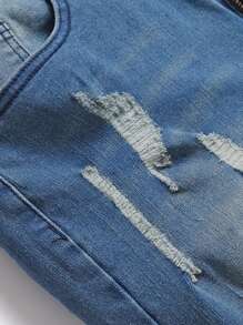 A Pair Of 510g Ripped Bullet-Hole Denim Fabric Jeans, With A Composition Of 65% Cotton And 35% Polyester Fiber, Men's Casual Denim Trousers. - Medium Wash - View 4