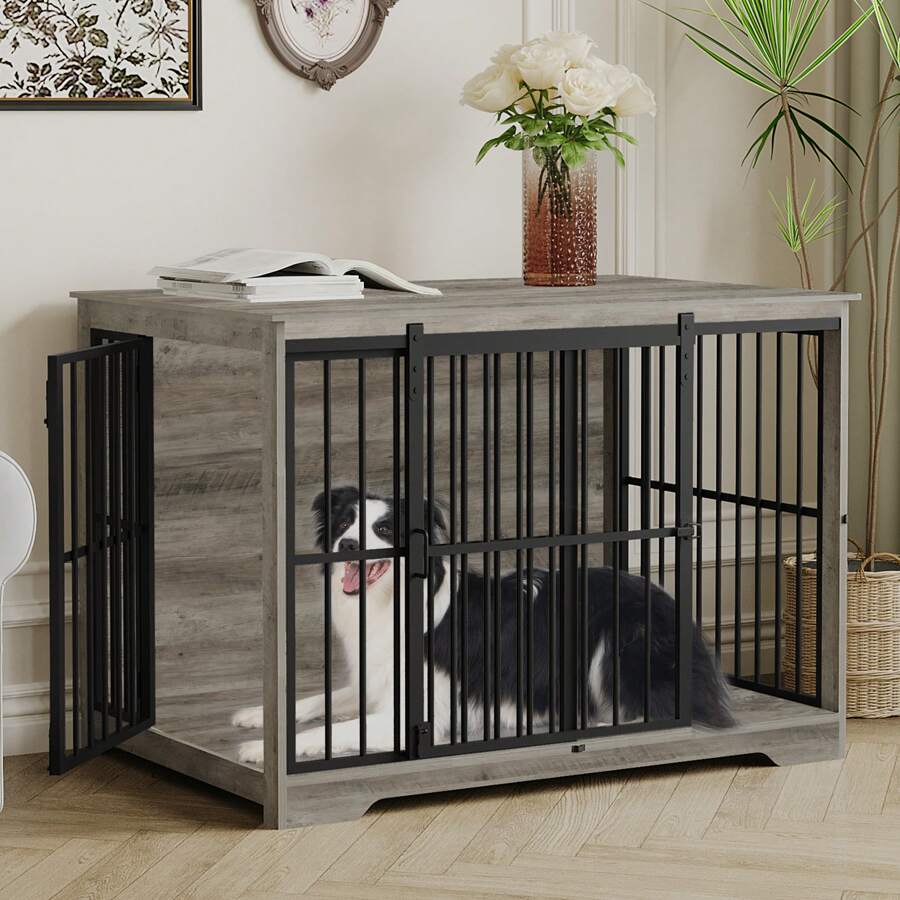 HEXCELEN XL Large Dog Crate Furniture, Dog Cage, 44.1" Indoor Dog Kennel Furniture With Barn Door, Wooden Tall Dog Crate, Heavy Duty Dog Cage For Large Dogs, Side End Table, Anti-Chew,Greige Black - 灰色 - 查看 1