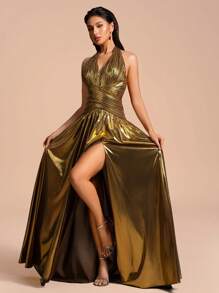 Romantisches Damen V-Ausschnitt Kleid mit Raffungen und plissiertem Saum, ärmellos, elegant, für besondere Anlässe - Gold - Übersicht 1