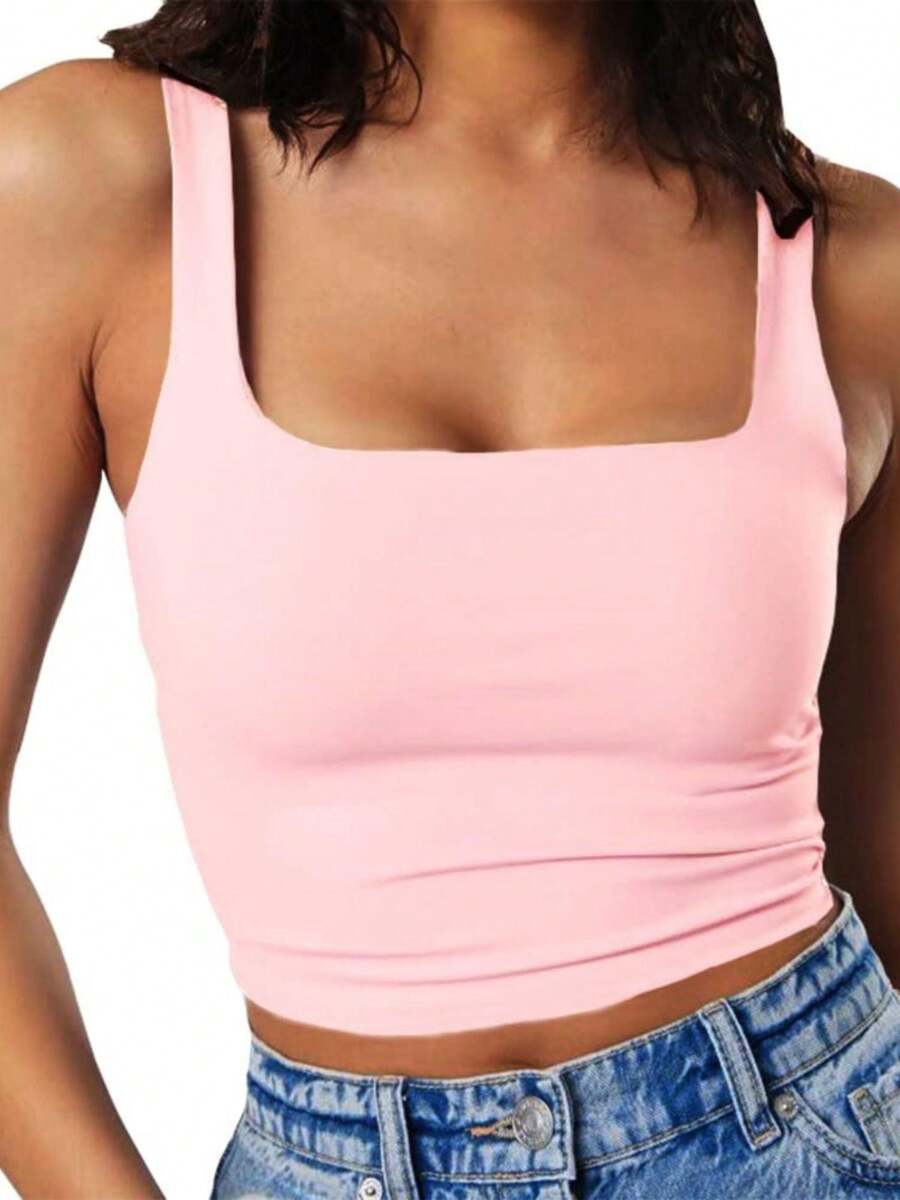 HIGHFINE Women's Square Neck Cropped Tops, Basic Sleeveless, Tight Vests, Casual Vests - Hồng - Xem 1