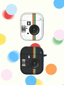 Leren textuur oortelefoonhoesje, creatieve instant camera-stijl beschermhoes compatibel met AirPods Pro 2e generatie, AirPods 1/2/3, draadloze Bluetooth-oortelefoon, minimalistische INS-stijl, zwart en wit