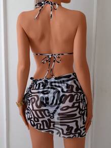 时尚女士金属海星装饰性感比基尼套装夏季带罩衫和迷你裙，欧美风格热销泳衣 - 黑與白 - 查看 4