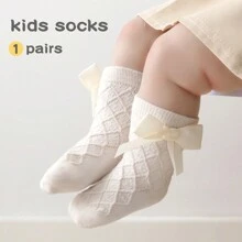 1 Pair Girls Waffle Knit Bow Mid-Calf Socks, Spring/Autumn