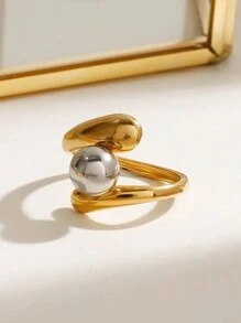 Uworld 1Pc French Hollow Asymmetrical Open Ring Line Design Personalized Creative Stainless Steel Ring 18K Gold-Plated Women's Modern Minimalist Ring Suitable For Daily Wear HHoliday Party Festival Etc. - Metal Ball Design - View 8