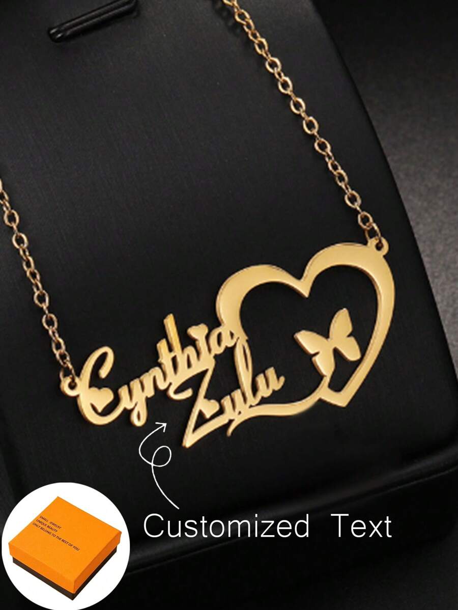 1 件个性创意 DIY 定制爱心蝴蝶英文字母不锈钢吊坠锁骨链项链可定制名字简约日常风格，产品包括礼盒、情人节礼物、生日礼物、母亲节礼物、日常礼物 - 金色 - 查看 1
