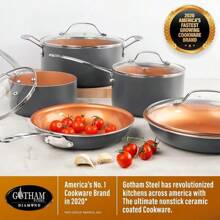 GOTHAM STEEL Pro - Juego de utensilios de cocina anodizados duros de 13 piezas con revestimiento de cerámica antiadherente y titanio, apto para horno y lavavajillas, color marrón - Juego de sartenes de 2 piezas - Ver 2