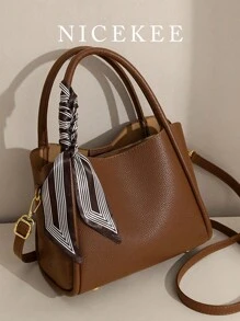 New Autumn And Winter Fashionable And Versatile Retro Style Handbag Solid Color With Scarf Decoration Adjustable Shoulder Strap Shoulder Crossbody Bag Casual Simple Lightweight Bucket Bag Suitable For Commuting To Work, Going Out Shopping And Dating.