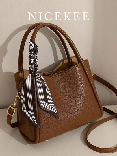 New Autumn And Winter Fashionable And Versatile Retro Style Handbag Solid Color With Scarf Decoration Adjustable Shoulder Strap Shoulder Crossbody Bag Casual Simple Lightweight Bucket Bag Suitable For Commuting To Work, Going Out Shopping And Dating.