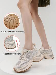 somiliss 1 Pair Women's Casual Sports Shoes, Low-Top Lace-Up Front, Apricot Faux Leather & Mesh Upper, Breathable & Comfortable, Running Shoes, Fashion , 6cm Height Increase, Suitable For Outdoor Walking, Autumn/Winter - Apricot - View 7