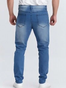A Pair Of 510g Ripped Bullet-Hole Denim Fabric Jeans, With A Composition Of 65% Cotton And 35% Polyester Fiber, Men's Casual Denim Trousers. - Medium Wash - View 2
