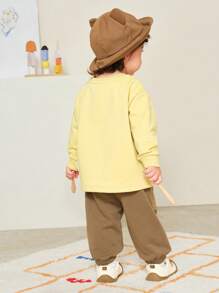 mini bala 儿童宽松运动衫和裤子套装，可爱的两件套春季服装 - 淺土黃 - 查看 3