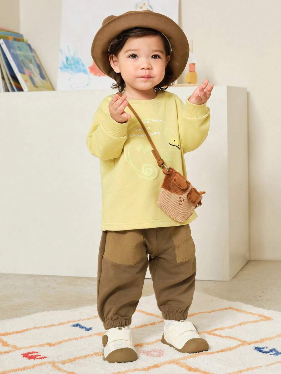 mini bala 儿童宽松运动衫和裤子套装，可爱的两件套春季服装 - 淺土黃 - 查看 1