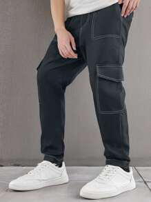 1pc Boys/Teens Vintage Casual Minimalist Denim Effect Pocket Cargo Pants, Spring/Autumn