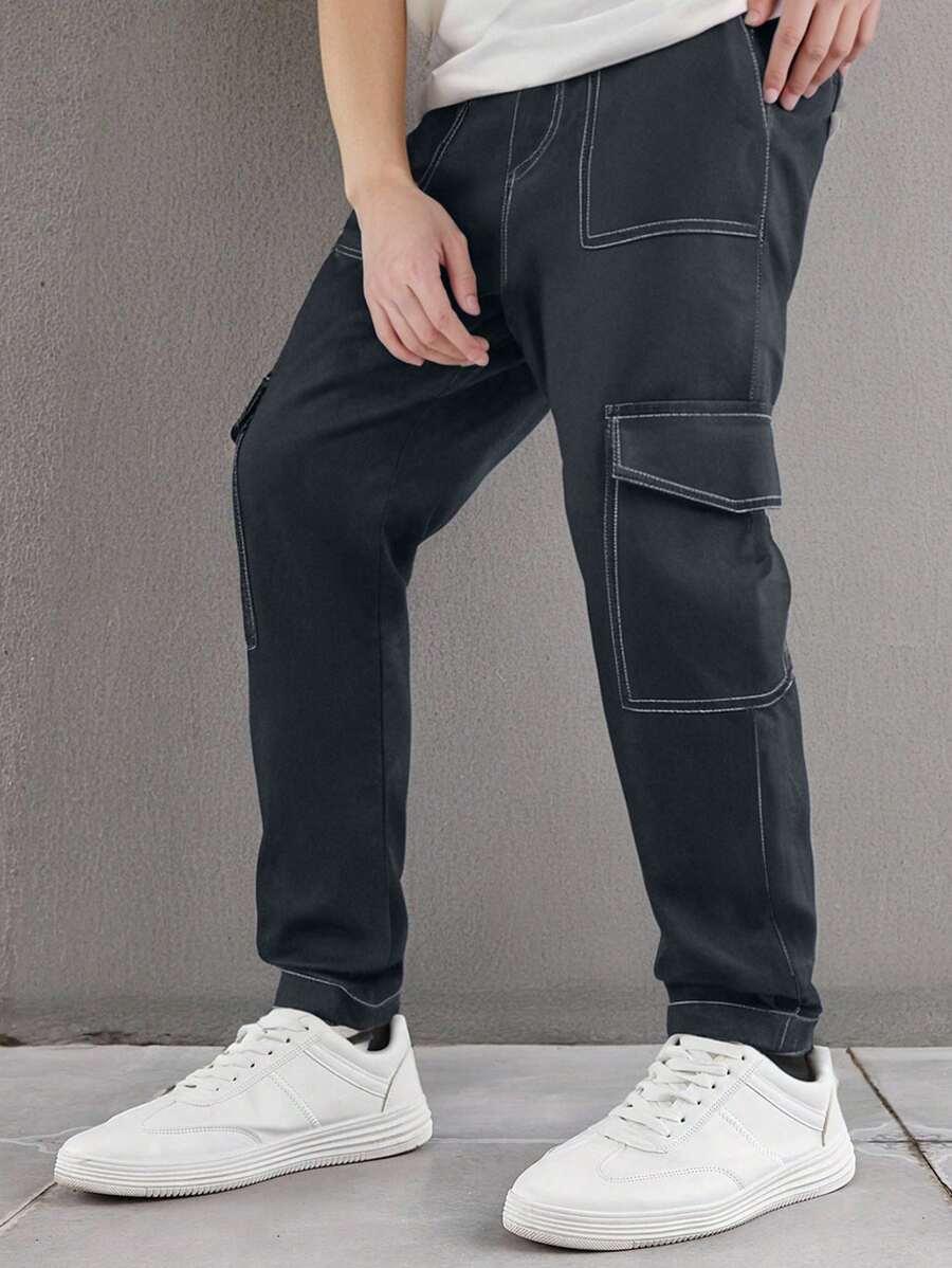 1pc Boys/Teens Vintage Casual Minimalist Denim Effect Pocket Cargo Pants, Spring/Autumn