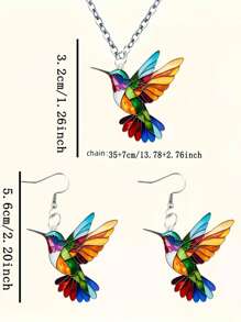 1 set de joyería minimalista con collar y aretes de colgante acrílico con estampado de colibrí esmaltado