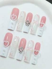 10 件手工假指甲按压指甲、长棺材指甲、婚礼指甲、白色情人节指甲、亚克力指甲套装 3D 水钻闪光人造宝石、心形、Y2K、Xxoo、法式尖头指甲设计美甲适合日常佩戴 DIY 美容礼物 - 彩色 - 查看 2