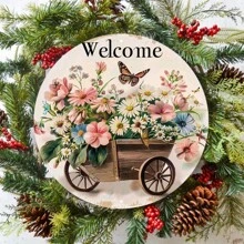 1 Peça Placa de Boas-Vindas Redonda de Madeira de 8 Polegadas com Design Floral e de Borboleta, Decoração de Parede Vintage. Adequado para Varanda, Casa, Entrada, Ótimo Presente para Decoração de Quarto de Amigos, Decoração de Jardim, Decoração de Casamento, Decoração de Casa