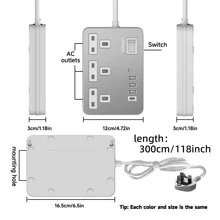 电源 7 合 1 扁平插头电源插座延长线，4 个 USB 充电端口延长插座，壁挂式，一键电源控制，过载保护，13A 3120W 电源插座，黑白金，适用于家庭办公室