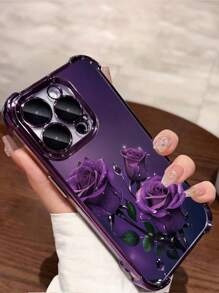 Funda de teléfono morada 1 pieza Nueva funda protectora morada con rosa electrochapada, amortiguación y TPU transparente reforzado compatible con iPhone/16 Pro Max/16 Pro/16/13 Pro Max/12 Pro Max 11, 15 Pro Max, 14 Pro Max/Galaxy, SAM/Honor/Note 13 Pro/S23 Ultra/S24 Ultra
